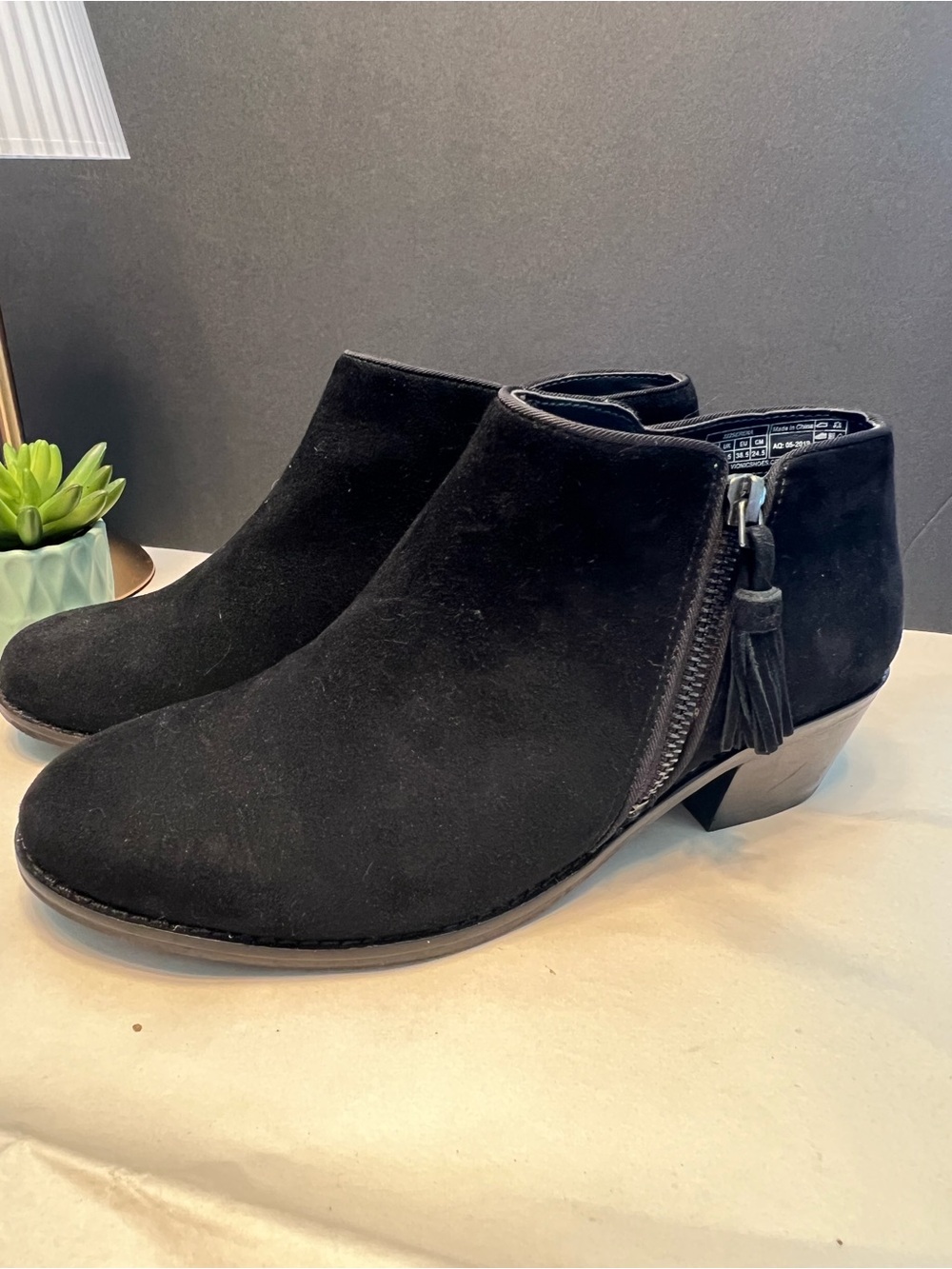 Vionic Black Suede Ankle Booties with Tassel Zip